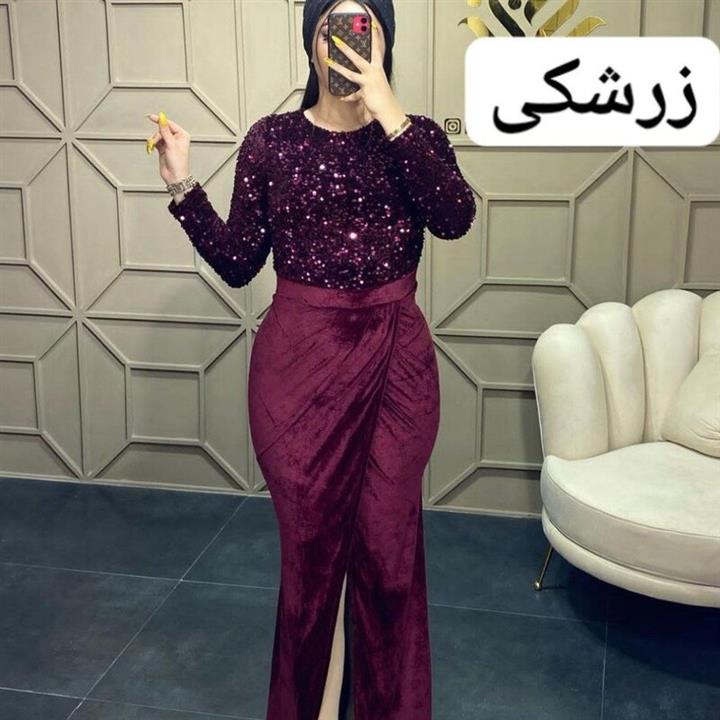پیراهن بلند مخمل و پولکی مجلسی مخمل آمریکایی در سایزبندی از 36 تا 50 _ پیراهن رستا_ پولک چمنی